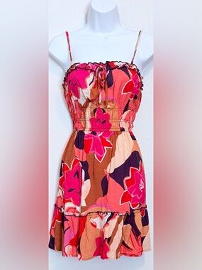 Floral Strapless Sundress in Pink, Coral & Brown